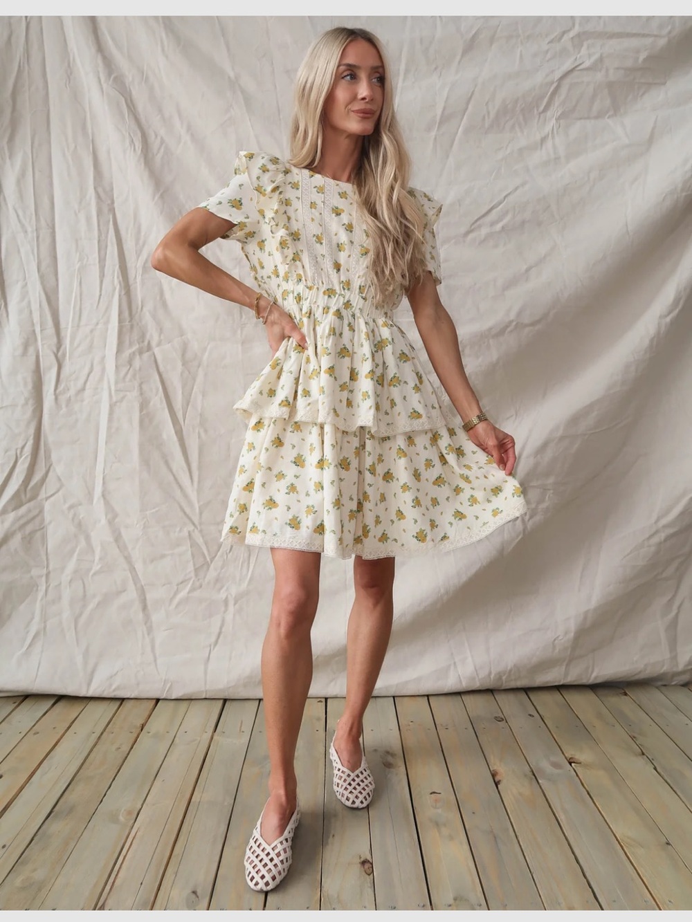In Bloom White Mini Dress with Yellow Floral Print